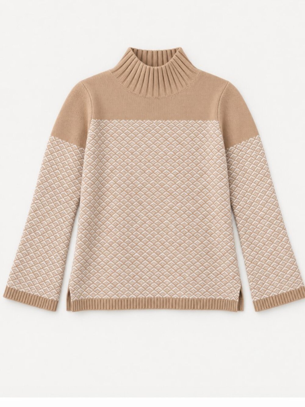Ann Taylor Camel Ivory Geometric Jacquard Mock Neck Sweater - Size L - NWT